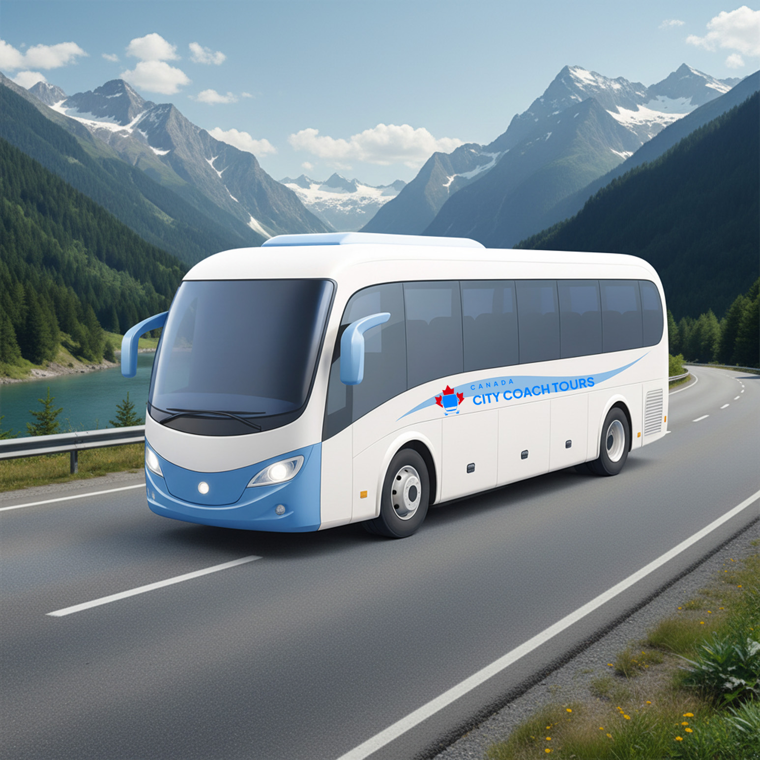 Full-size luxury coach bus for long-distance group travel and charter tours